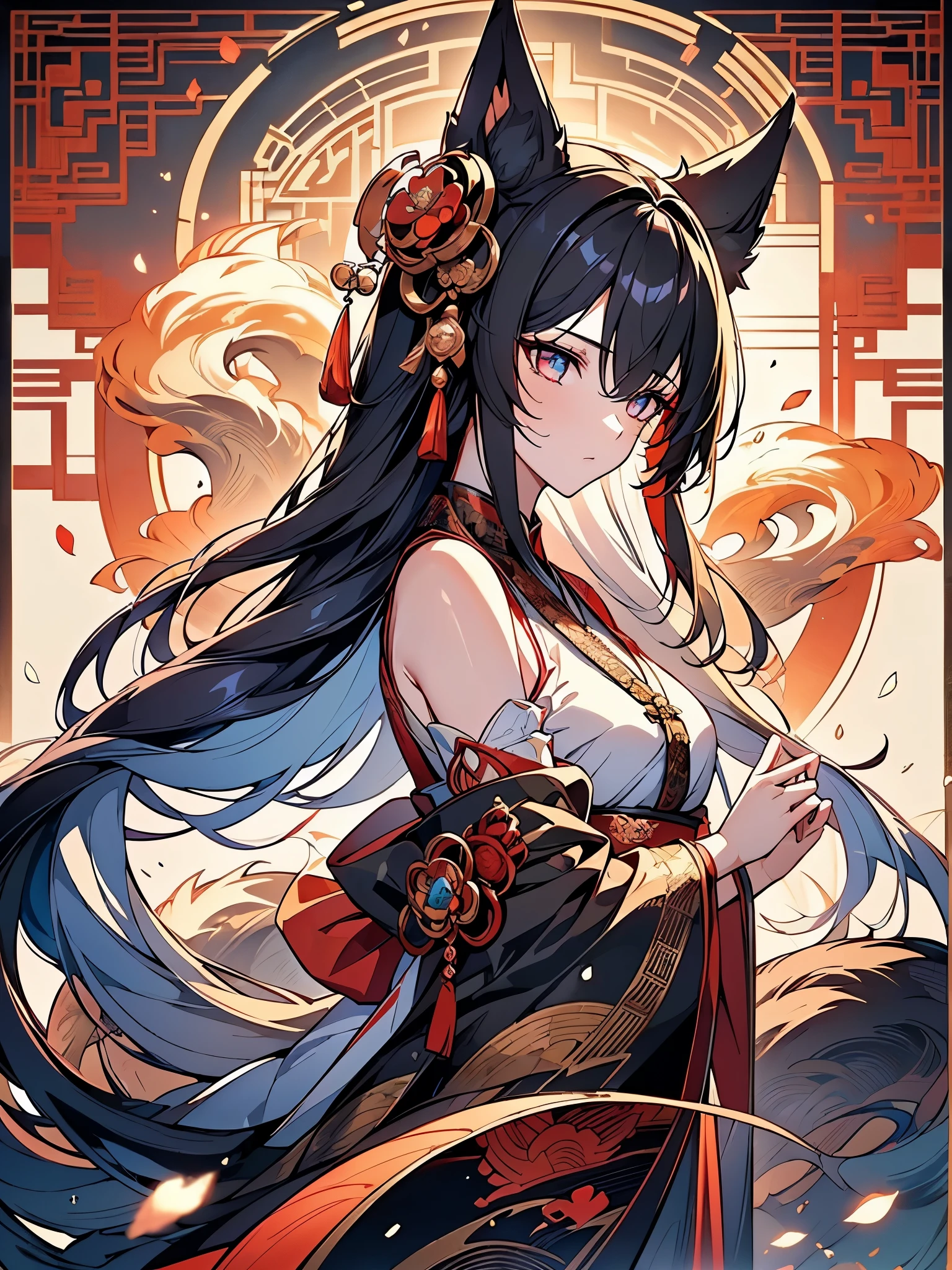 (A Divine Beast), Nine-Tailed Demon Fox, Dynamic Body Type, (Chinese Monster), bonitas, Started Ink, Chinese, 1 girl, ((whole body), ((2.5D)), floating hair, gorgeous eyes, Delicate Eyes, Delicate Silhouette, Fantasyart, (Black and Red Antique Brocade Hanfu), fov, (work of art), front facing shot, side portrait, White background, (movie poster), Spitz, Start, nube, petals, Void, sky, (wide angle lens), sight, fully body, killer eyes
