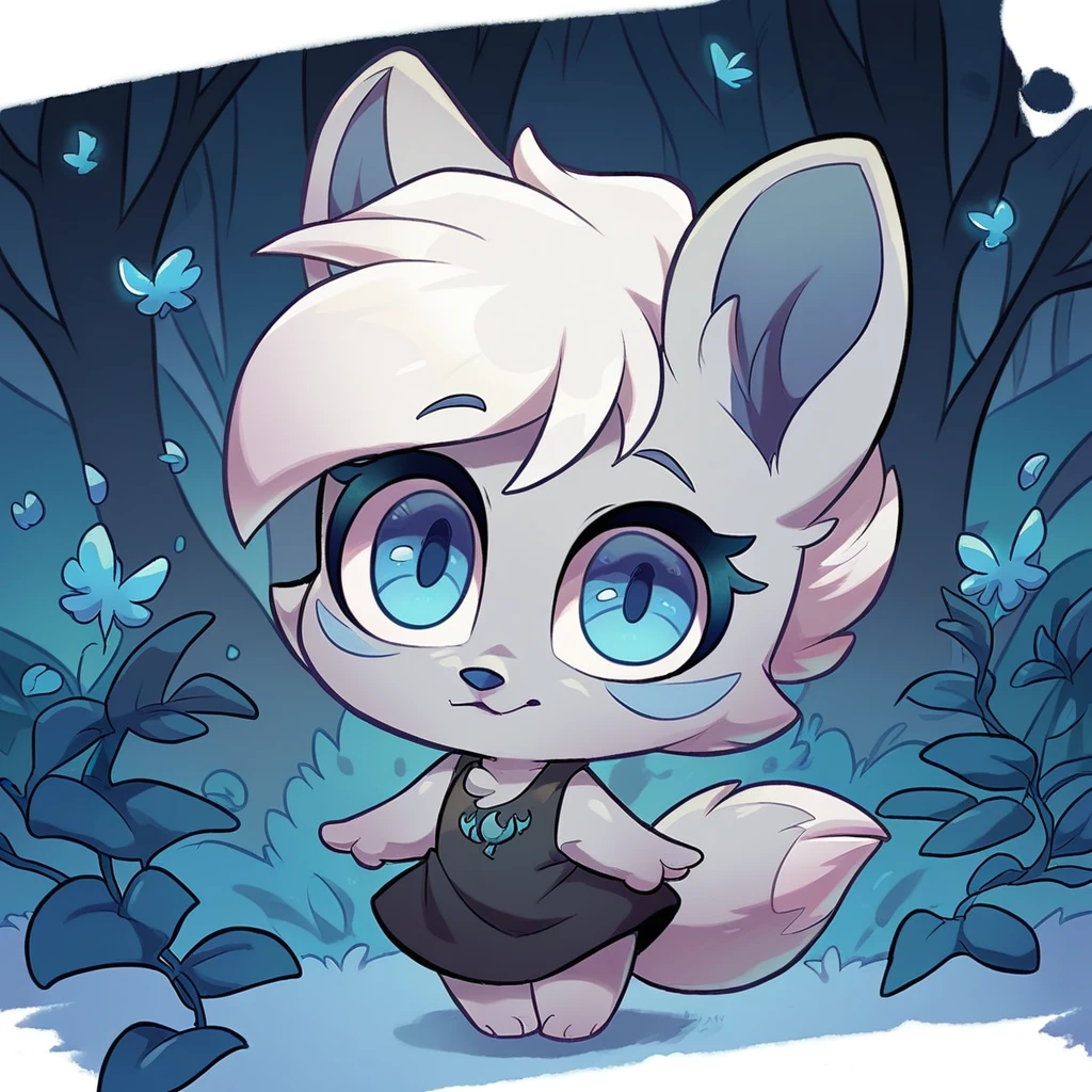 little fox, female, white hair, silver fur, blue eyes, cute ???, , alone, ??? , white hair, cute, chibi, black dress, night forest, by diives