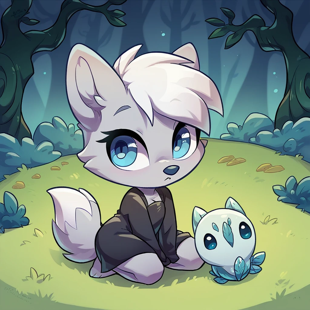 little fox, female, white hair, silver fur, blue eyes, cute ???, , alone, ??? , white hair, cute, chibi, black dress, night forest, by diives