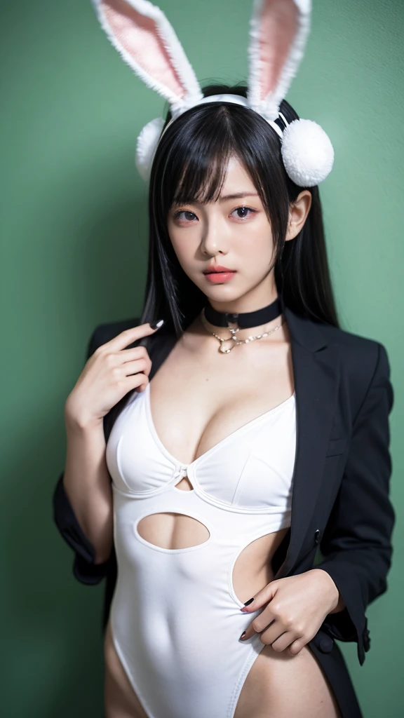 Bunny girl、A girl posing wearing rabbit ears, Wearing Atsuko Kudo's latex costume, Futuristic shiny latex suit, Wearing latex, Latex Gloss, Seductive hypnotist woman, Very sexy outfit, As a retro-future heroine, Elegant and attractive revealing cosplay, amouranth as a super villain, Slender young body, Exposed bunny girl、