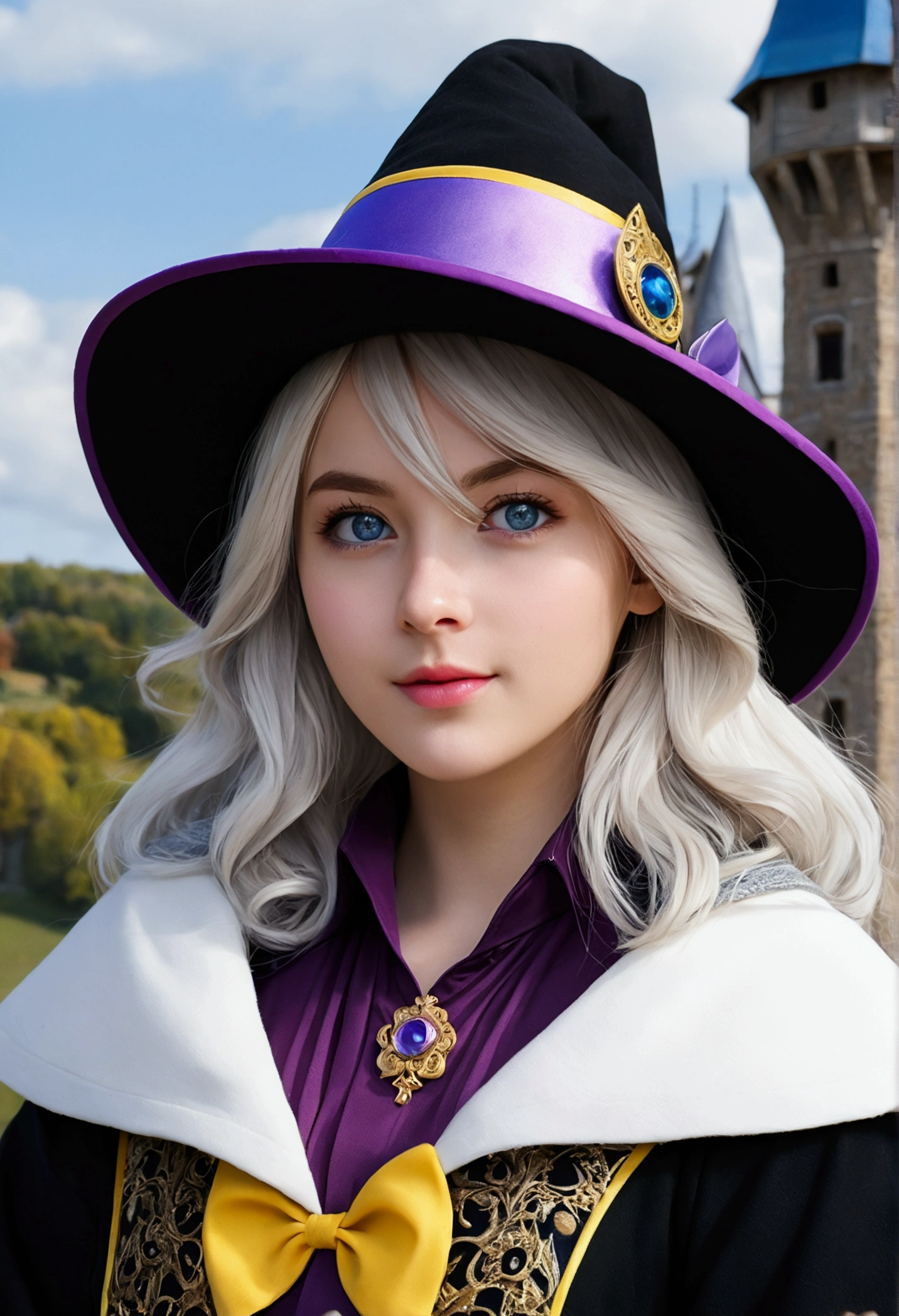 Elaina_(can_No_gossip), maestro, masterpiece, 4k,, 1 girl, female, beautiful, A-cup, gray fur, big magic hat + Black on top and purple inside., blue eyes, White shirt, yellow tape, black coat,, kawaii, looking at the viewer, slight smile, magical girl, Medieval Europe background,