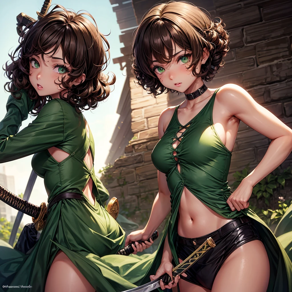 light skin girl, green eyes, short hair, Brown hair, curly hair, moles on the face, dressed provocatively, with a katana in hand.