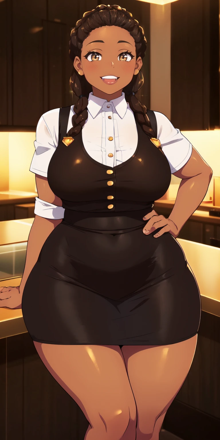 4K Quality, (cute black woman), ((sexy pose)), (big smile), ((brown braids)), ((dark skinned)), ((black tight skirt and shirt)), ((thick thighs)), big breasted, big ass, (facing the viewer), (in the penthouse), ((dim lighting)), ((golden eyes)), 