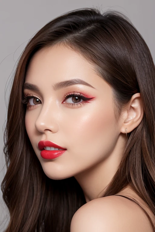 1girl, solo, long_hair, looking_at_viewer, brown_hair, photoshop_(medium), original, brown_eyes, parted_lips, teeth, nail_polish, lips, fingernails, eyelashes, makeup, lipstick, close-up, portrait, red_nails, hand_on_own_face, eyeshadow, realistic, nose, red_lips, mascara