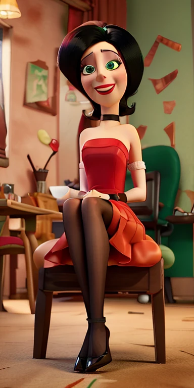 masterpiece, best quality,  scoverkill, green eyes, choker, red dress, red skirt, strapless, elbow gloves, lipstick, looking at viewer, furrowed brow, smile,5 toes, black toe nails, Focus full body, sitting on a chair, tied ankles together,tied arms,with not shoes, black pantyhose,