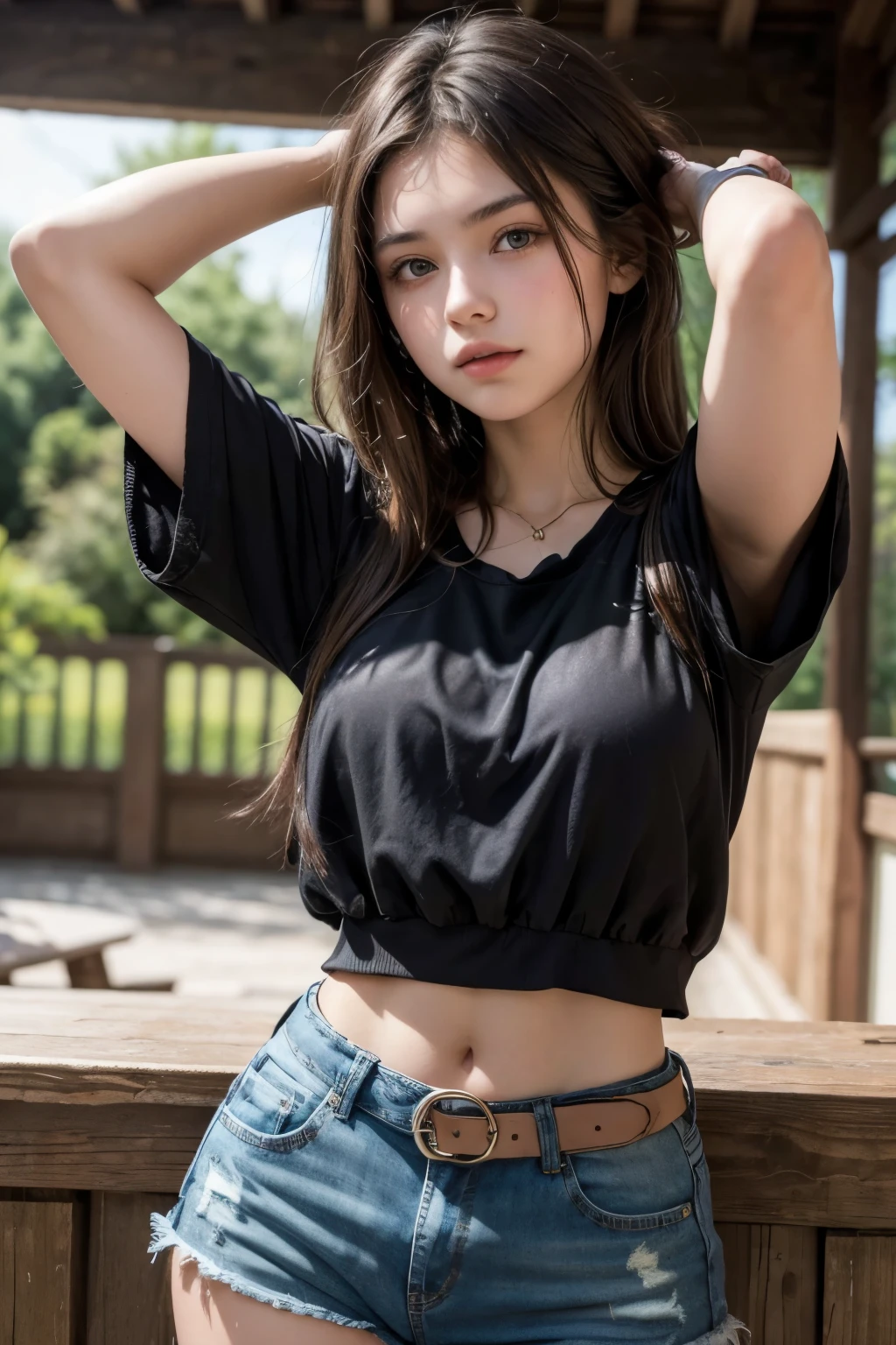 Beautiful 18-year-old brunette girl wearing a blouse with her hands on her head and wearing short, high-waisted denim shorts and a black belt showing her navel
