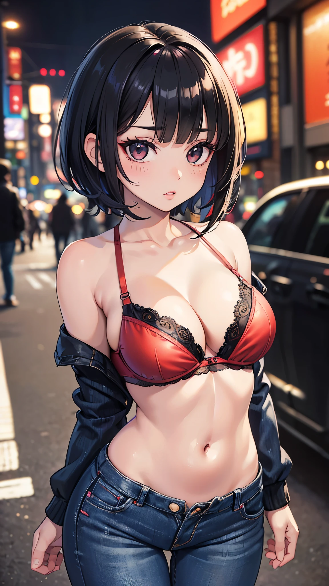 (masterpiece, 最high quality, 超High resolution, Very detailed), (Realistic:1.1, photoRealistic:1.4), Perfect illustration, Perfect lighting,Hair in perfect detail, Perfect and detailed face, Perfect collarbone, Perfect body,Juicy breasts, Perfect Thighs, Beautiful feet, View your viewers, 1 Girl,Perfect Face, (Perfect Anatomy, Anatomically correct), Symmetrical face、((Shiny Hair)),Sexy Body、(masterpiece),(最high quality:1.3),8k,Very clear,(Ultra-realistic),,Captivating woman,(high quality, High resolution, Fine details), Realisticなスタイルの女性,Juicy breasts、One perfect woman、Perfect Face、Symmetrical face、、((Large Breasts))Cleavage、blush、((Juicy lips))、Cowboy Shot、((Black short hair、Eyebrow-visible bangs))、((Large, double-set black eyes、Long eyelashes))、((Red makeup))、(((Red bra top)))、(((Tight denim pants)))、(Outdoor、On the streets of Tokyo at night)
