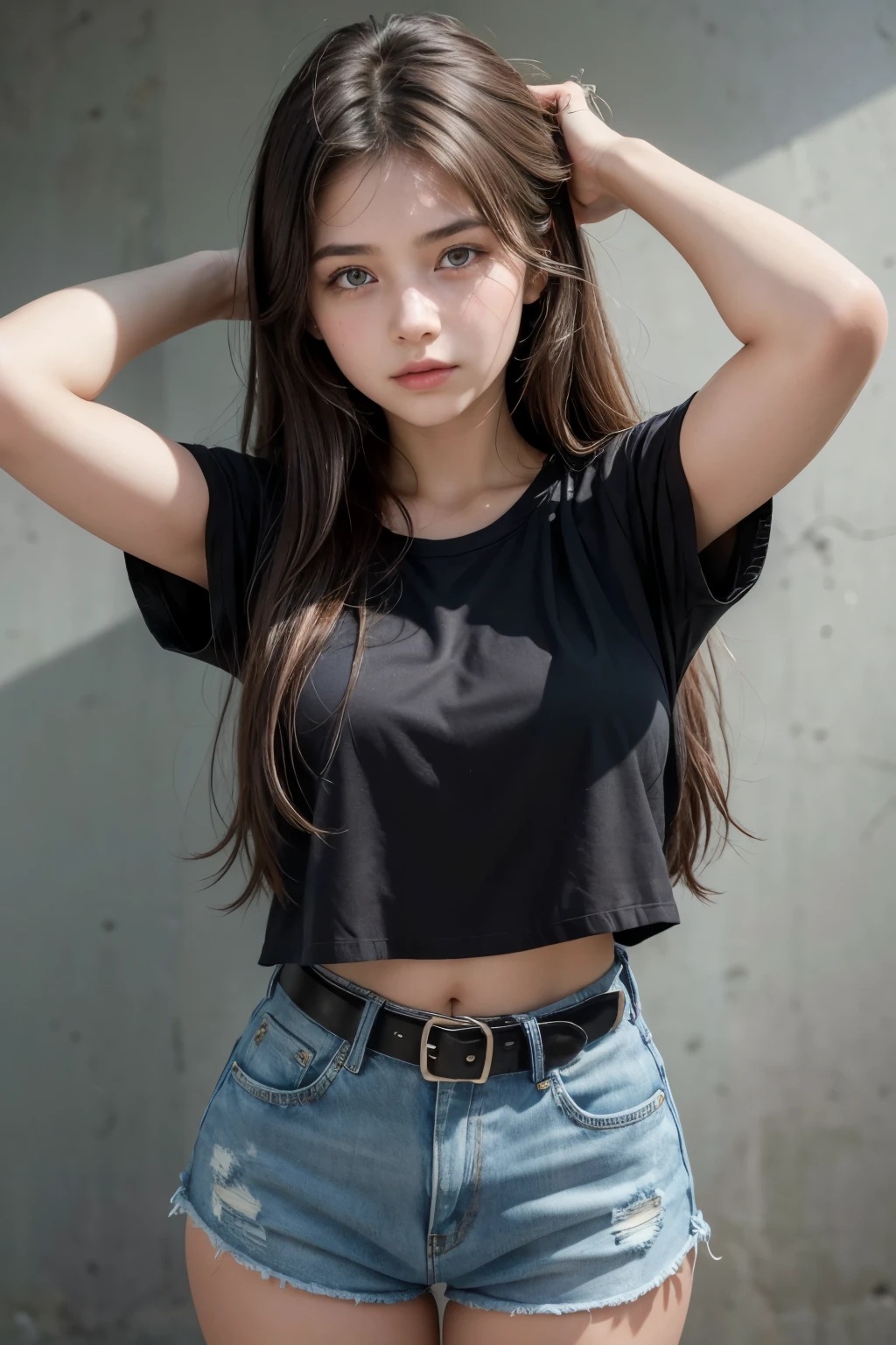Beautiful 18-year-old brunette girl wearing a blouse with her hands on her head and wearing short, high-waisted denim shorts and a black belt showing her navel