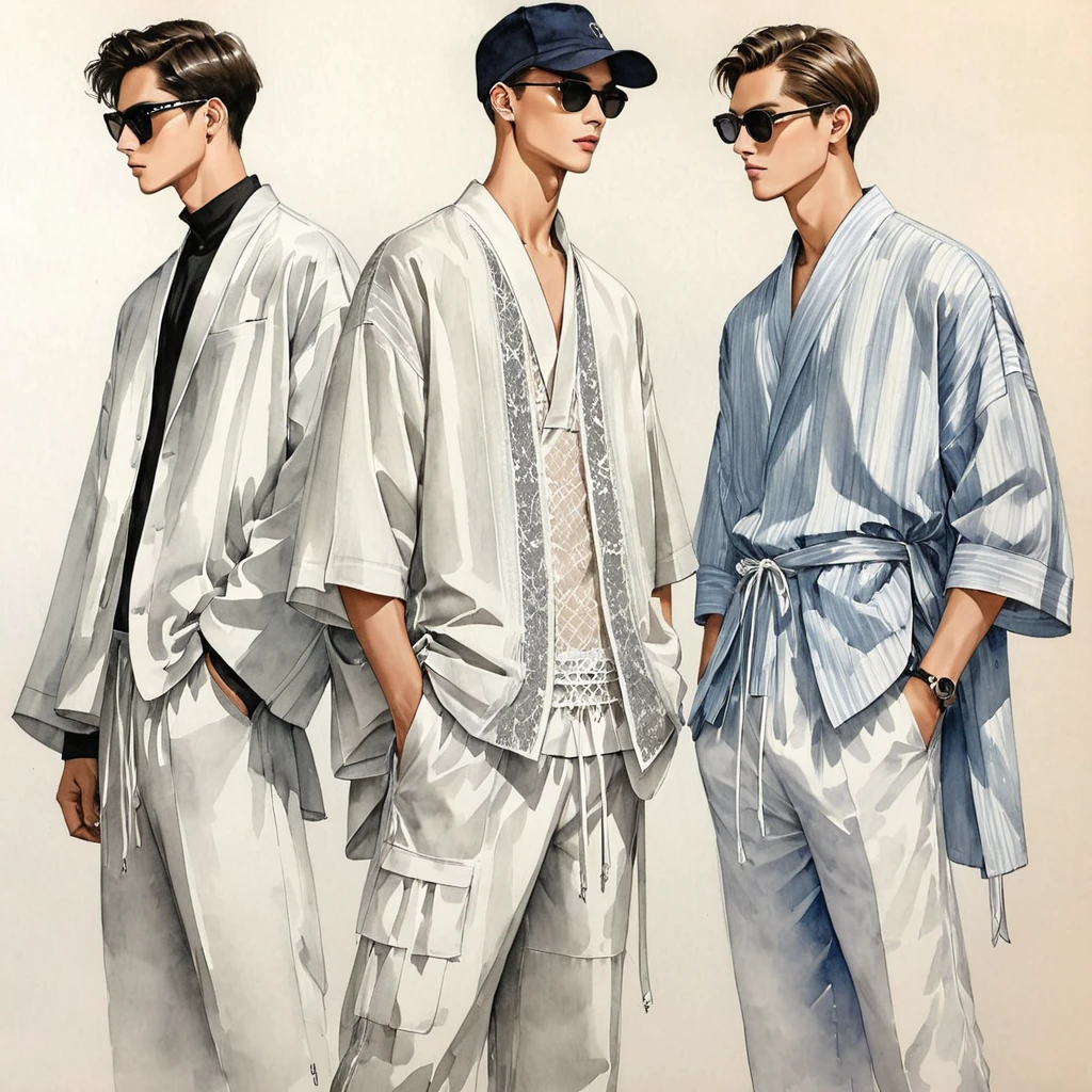 candid fashion illustration of a group of young 3man, aged 23 year old, tall and slender, mix race male super model, ((showcase fashion in a cotton outfits)), inspired by Christian Dior menswear resort collection, in elegant style with ((mixed Trible ethnic woven fabric details)). The 1st man wears an oversized shirt lace, paired with over side Pants, semi hard bugle, The 2nd man complements him in a white lace shirt, paired with white Drawstring short pants, 3rd man wears an oversized Yukata with lace details, and relaxed hammer Pants, side entry pockets, all 3man completes the look with white sneakers, sunglasses, straw hat. Captured in a ((full-body pose)), ((drawing on white paper background)), realistic pencil lines, imperfect drawing, charcoal lines detail, fading sketch, fashion Sketching, low angle view, three man,