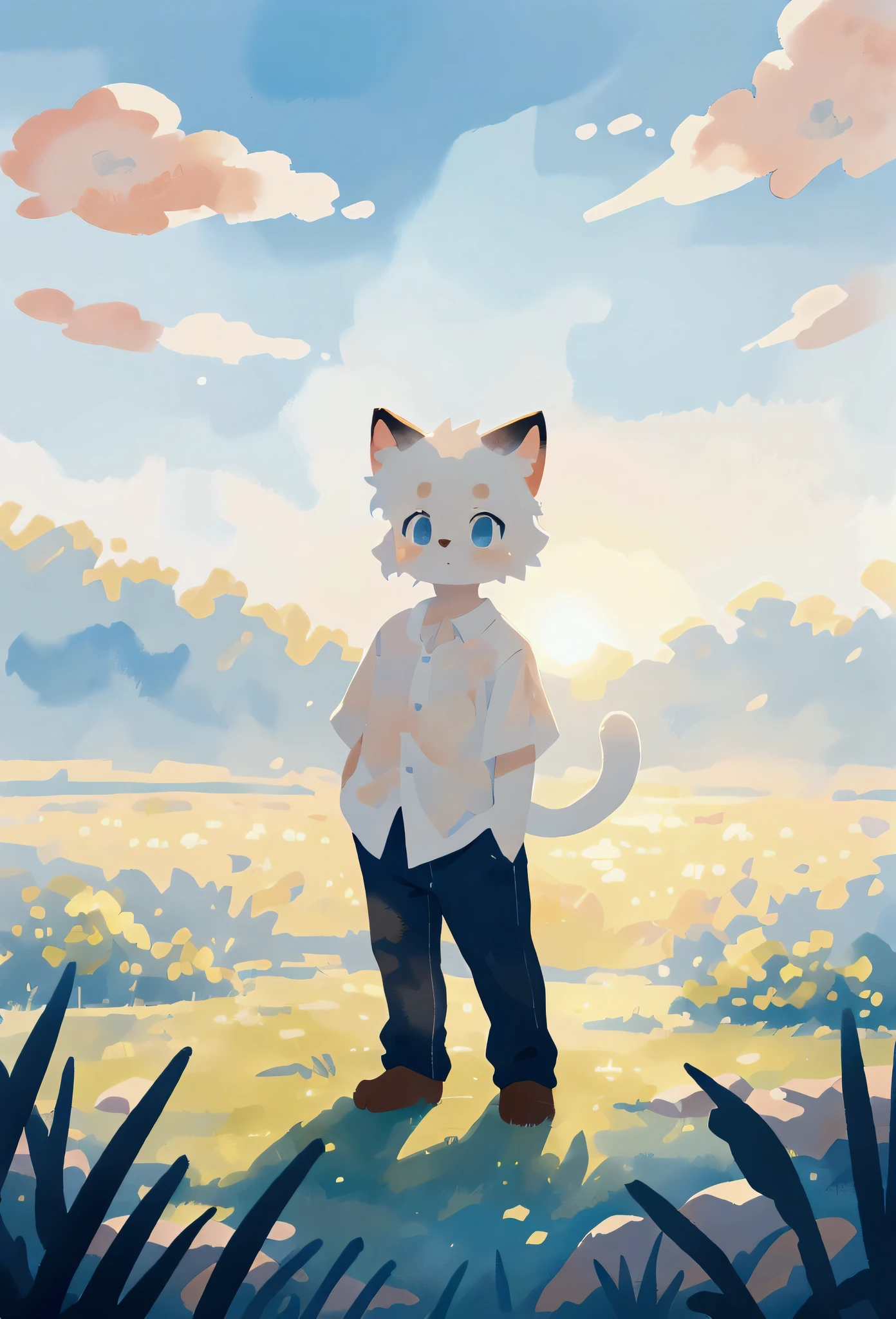 ((kemono)), white fur, white shirt, pants, cat ears, standing, blue eyes, BREAK, watercolor \(artwork\), by Hasui Kawase, detailed background, detailed foreground, depth of field, ambient silhouette, backlighting, blurred background, white background, sky, grass, plant