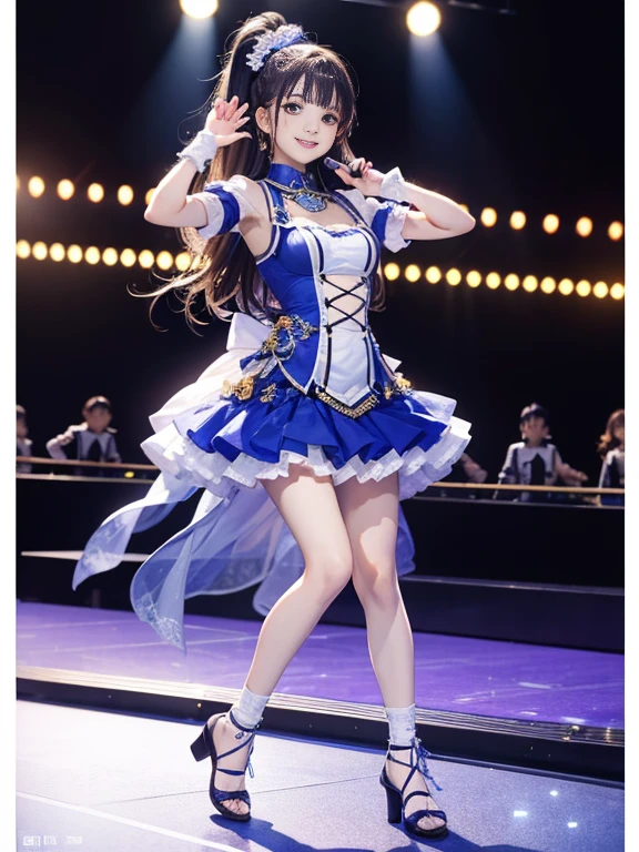 (Highest quality、 8k 、masterpiece、High resolution)、(Dancer)、Full Body Shot、15 year old girl、Idol Group、cute、Dancing with a smile、Outdoor Stage、AKB48 Costumes、Realistic、Official Art、Detailed CG、Professional Lighting、Professional photographer、(Depth of written boundary:1.3)、