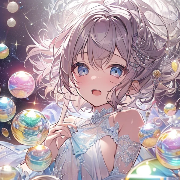  (masterpiece), (Highest quality), (Very detailed),(Messy Hair),(shape), (1 girl), (Kindergarteners)Fine and beautiful eyes,Delicate and beautiful face,floating,(High saturation),(Pearl Accessories),Pearl Ball Bubble,(The Shining),Focus on the face, Sit on a pearl ball, (((Panty shot)))