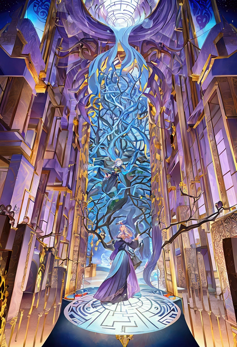 An illustration of a complex maze with several branches., representing a divergent narrative. Inspired by the artistic style of MC Escher., The maze features intricate lines and illusory perspectives.. With a vibrant and contrasting color palette., The labyrinth conveys the idea of different paths to explore.. The facial expressions of the characters inside the maze are of surprise and curiosity.. The lighting is bright and the atmosphere is one of discovery and challenge..--V 5 --Stylize 1000