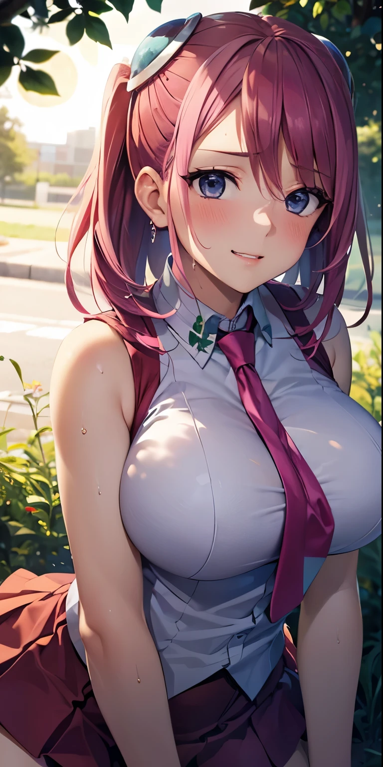 1 Female,High definition,high resolution,Ultra-realistic,8K, 8K, hy1, hair ornament, multicolored hair, necktie, skirt, sleeveless, , pink skirt, tight skirt,miniskirt, jewelry,European,sexy,Upper body close-up,Photographed from the front,Dynamic Angles,(blush), (big tits), happy, wink the eye,facial, sweat , outdoors, moonlight, night ,leaf , windy,tree background,(wide thighs :1.4)