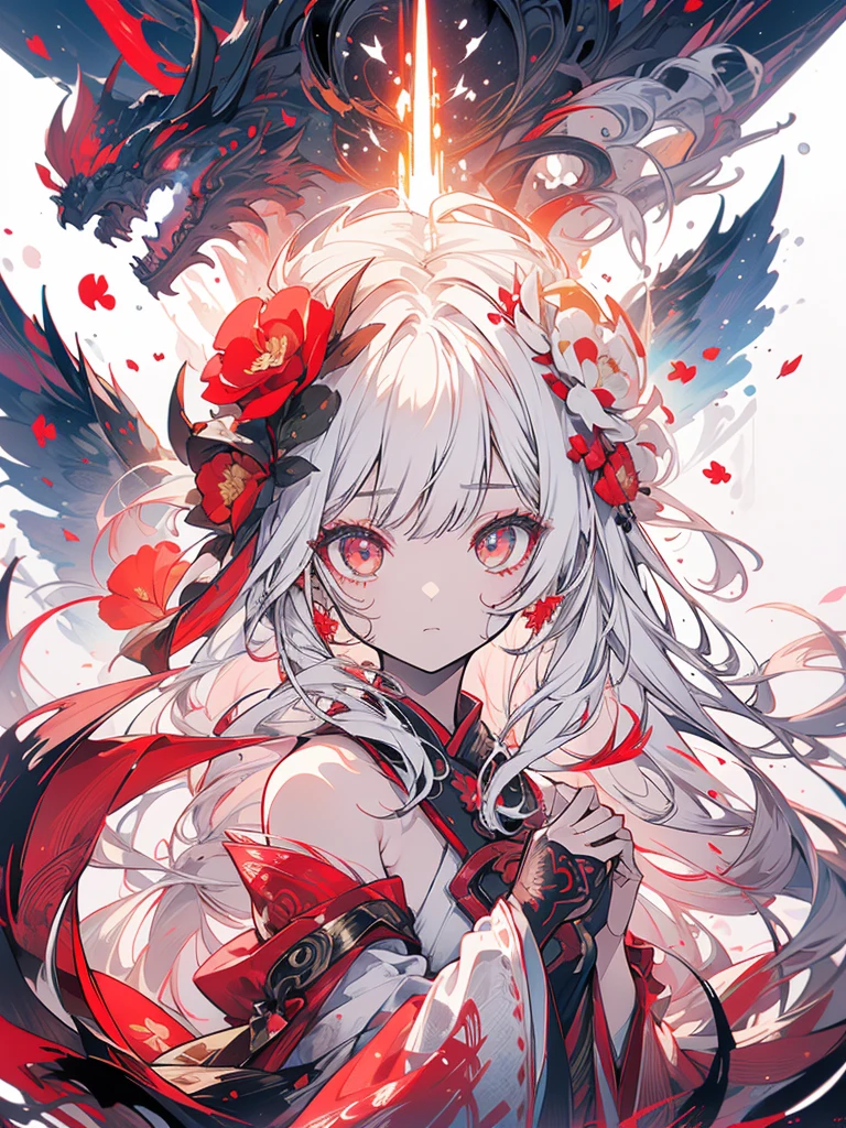 (A Divine Beast), Nine-Tailed Demon Fox, fully body, platform heels, beautiful and tragic, Started Ink, 1 girl, ((whole body), ((2.5D)), white floating hair, gorgeous eyes, Blood red eyes, Delicate Silhouette, Fantasyart, (White and red antique brocade hanfu neckline), fov, (work of art), front facing shot, side portrait, White background, (movie poster), Spitz, Start, nube, petals, Void, sky, (wide angle lens), sight, fully body, killer eyes