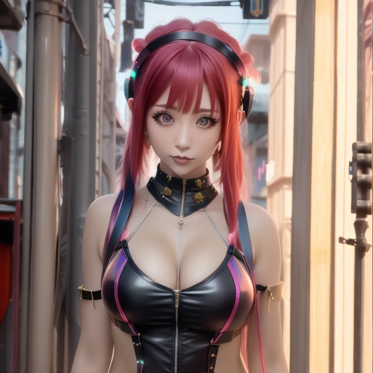 Red-haired、goth_punk, 1girl in, solo, medium shot, Walking in Harajuku, ((during night)), bokeh dof, Neon light, Iridescent eyes, starrysky, Red glowing hair, White eyebrows, Radiant hair, (iridescent white hair), earrings, bangss, jewely, masks, bluntbangs, verd s eyes, Mouth mask, blurry backround, bblurry, hair adornments, Look at viewers, shorth hair, portraitures, side locks