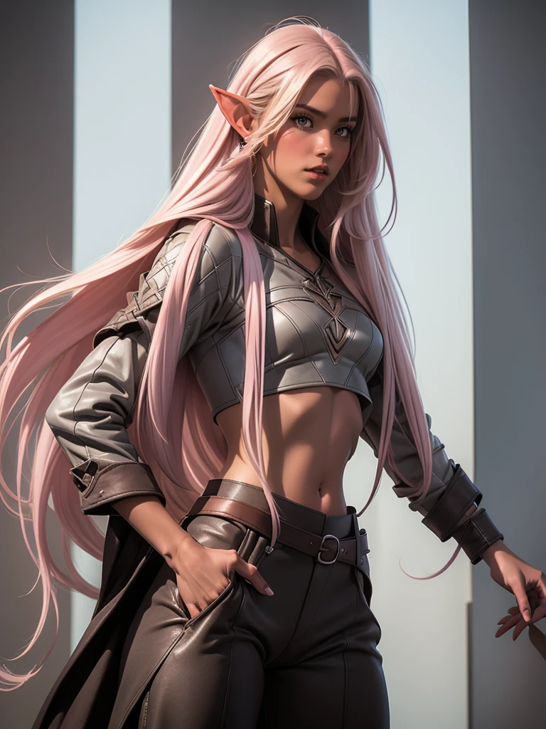 ((Beautiful man:1)) , ((dark skin:1)), ((extremely long hair:1.5)) , ((pale pink hair:1.3)) , ((male features:1.2)), (((male:1))) , full lips , light blue eyes, ((Skinny build)) ,effeminate , ((has a center part in hair:1.2)),((straight hair:1.3)) , ((crop top:1.5)), Bishounen, possess delicate and androgynous features , as a male , small waist, thin  , ((femboi:1.3)), ((femboy:1.3)), ((big lips:1.3)) ((blowout hairstyle:1)) , ((sleek hair:1)), ((has a middle part in hair:1.4)), (((male:1))) , ((pointed ears, elf ears:1.2)), ((flat chest:1.3)),

Wearing an outfit with futuristic elements, seamlessly blended with the Final Fantasy universe. wears a tailored, military-inspired jacket in deep charcoal, adorned with intricate, laser-cut leather panels that reveal glimpses of metallic silver underneath. The jacket features sharp, angular lines and exaggerated lapels, Underneath, he sports a form-fitting, high-necked bodysuit in a deep shade of amethyst, with intricate embroidery . tailored trousers in charcoal gray, with sleek metallic accents and pockets, Waist up portrait, white background In art style of Olivier Coipel, Tom of Finland, Sean Platter and J Scott Campbell --ar 3:4 --style scenic --niji 5