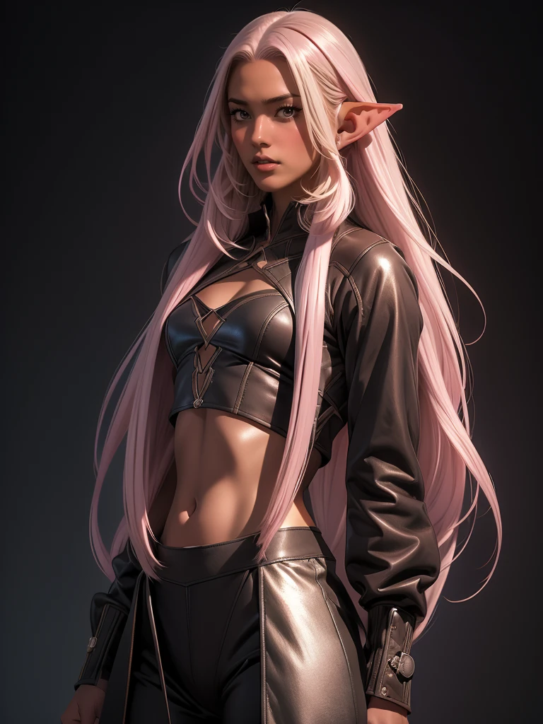 ((Beautiful man:1)) , ((dark skin:1)), ((extremely long hair:1.5)) , ((pale pink hair:1.3)) , ((male features:1.2)), (((male:1))) , full lips , light blue eyes, ((Skinny build)) ,effeminate , ((has a center part in hair:1.2)),((straight hair:1.3)) , ((crop top:1.5)), Bishounen, possess delicate and androgynous features , as a male , small waist, thin  , ((femboi:1.3)), ((femboy:1.3)), ((big lips:1.3)) ((blowout hairstyle:1)) , ((sleek hair:1)), ((has a middle part in hair:1.4)), (((male:1))) , ((pointed ears, elf ears:1.2)), ((flat chest:1.3)),

Wearing an outfit with futuristic elements, seamlessly blended with the Final Fantasy universe. wears a tailored, military-inspired jacket in deep charcoal, adorned with intricate, laser-cut leather panels that reveal glimpses of metallic silver underneath. The jacket features sharp, angular lines and exaggerated lapels, Underneath, he sports a form-fitting, high-necked bodysuit in a deep shade of amethyst, with intricate embroidery . tailored trousers in charcoal gray, with sleek metallic accents and pockets, Waist up portrait, white background In art style of Olivier Coipel, Tom of Finland, Sean Platter and J Scott Campbell --ar 3:4 --style scenic --niji 5