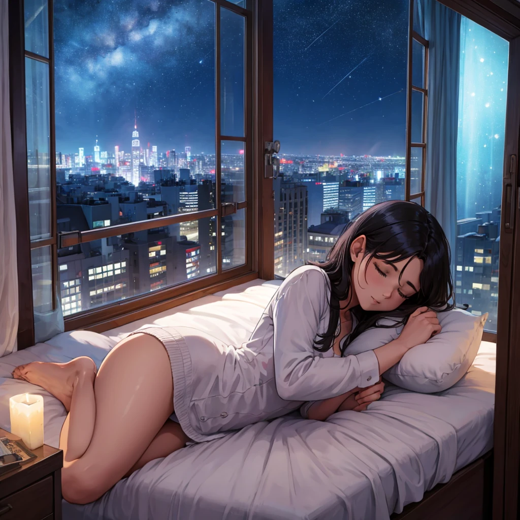 woman sleeping in her bed, cozy little room, late at night, starry sky, city view from window