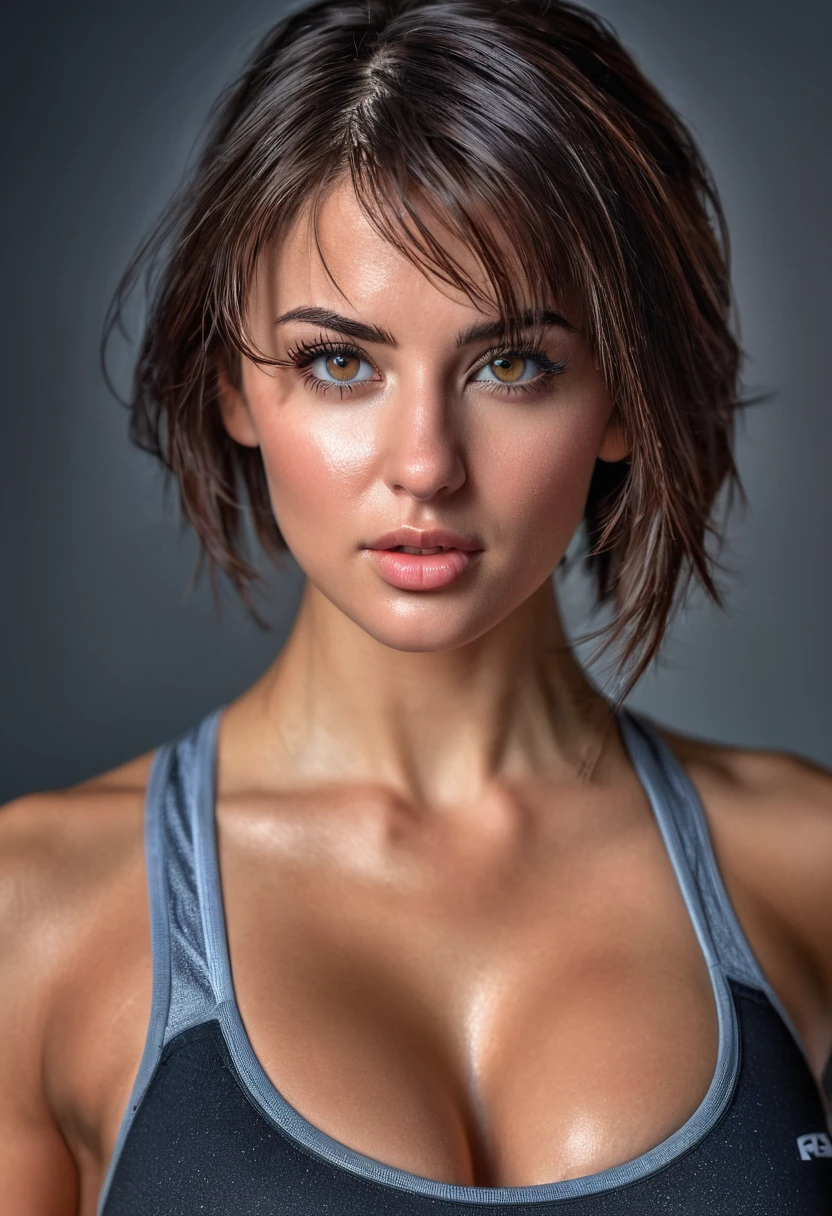 beautiful fit brunette girl, shorth hair, beautiful  face, Huge breasted, Gym clothes, studio, sweaty, highy detailed, work of art, professional foto, extremely details, high resolution, HDR, (cinematic lighting:1.2), (((seductively pose))), ultra detali, beautiful detailed eyes, beautiful detailed nose