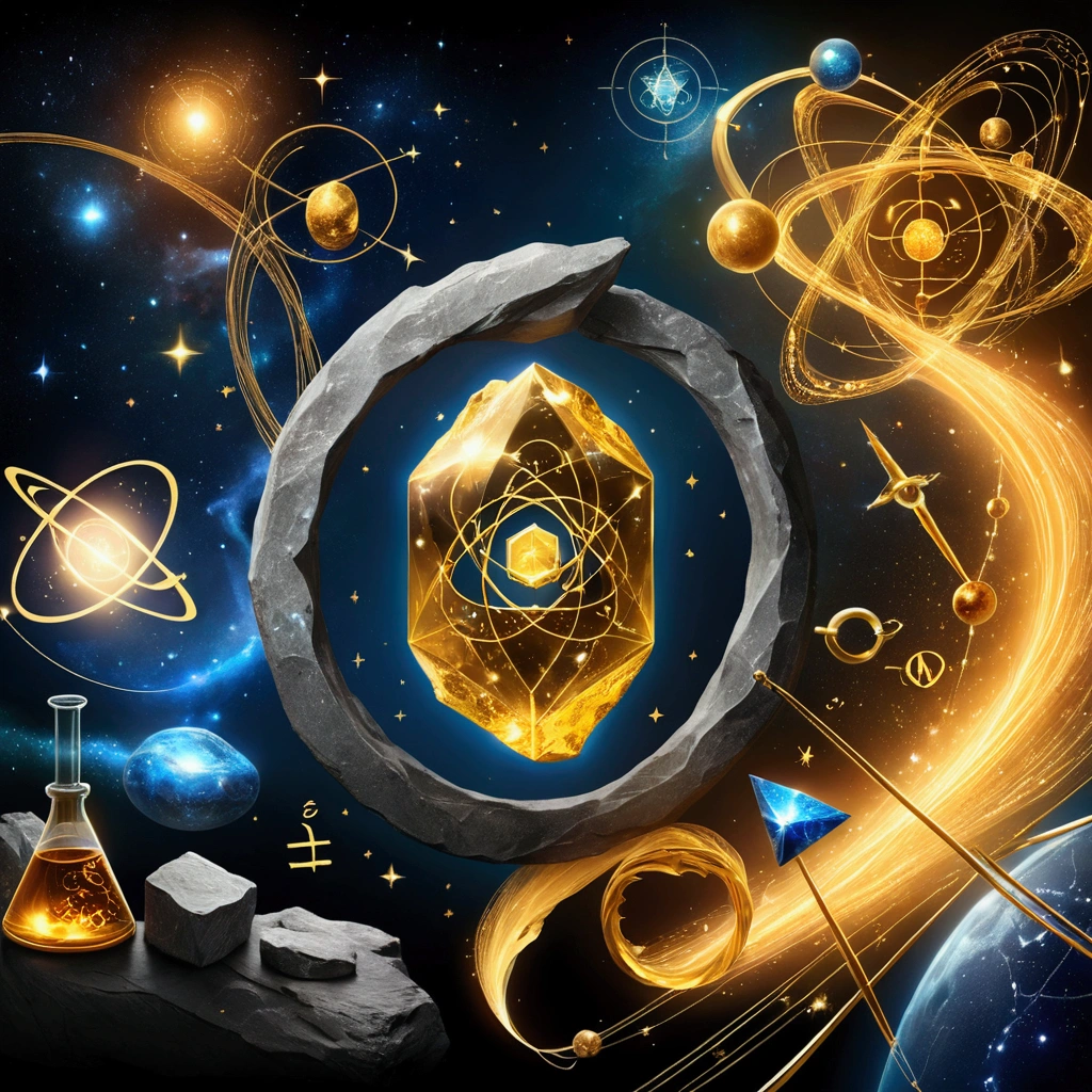 Create an illustration that combines elements of Alchemy and Modern Physics. In the center of the image, place a representation of the Philosopher’s Stone, with ancient alchemical symbols surrounding it, such as gold, mercury, and sulfur, as well as the Ouroboros symbol. In the background, integrate modern scientific elements, such as equations from Quantum Mechanics and General Relativity (e.g., Schrödinger’s equation and Einstein’s field equation). To the right of the Philosopher’s Stone, represent the search for the Theory of Everything, with illustrations of strings from String Theory or diagrams of subatomic particles. Use a mystical and scientific color palette, such as gold for alchemy and blue/gray for modern science, to create a visual fusion that symbolizes the union of these two fields of knowledge.