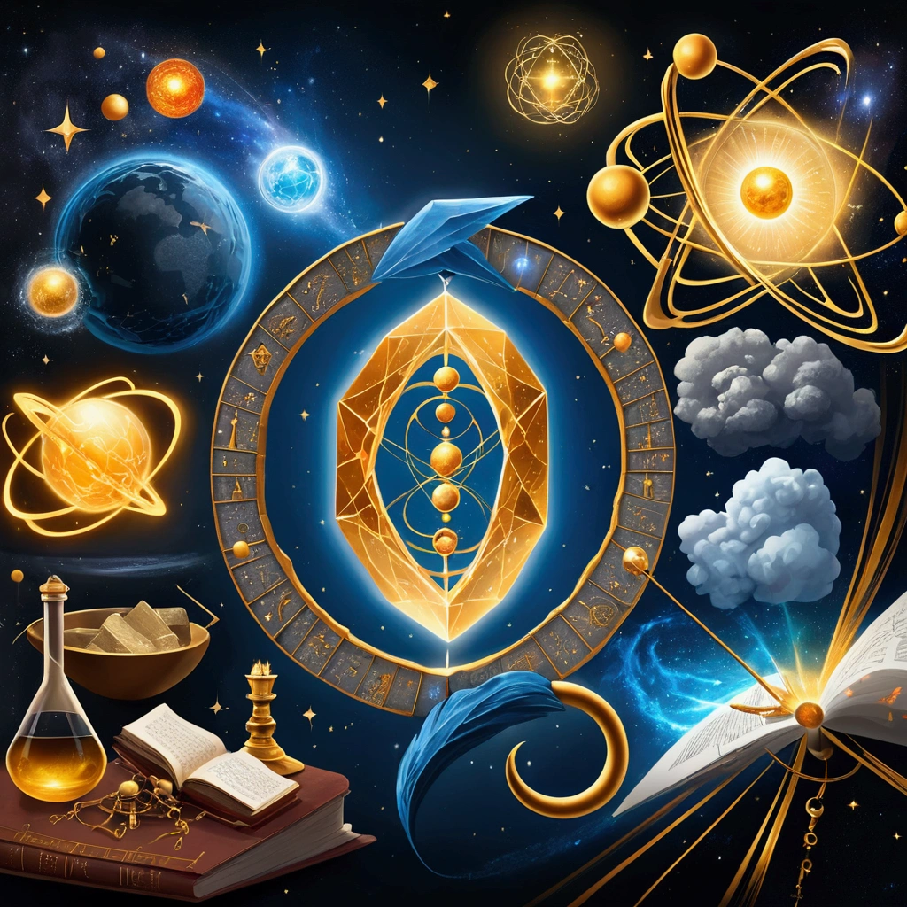 Create an illustration that combines elements of Alchemy and Modern Physics. In the center of the image, place a representation of the Philosopher’s Stone, with ancient alchemical symbols surrounding it, such as gold, mercury, and sulfur, as well as the Ouroboros symbol. In the background, integrate modern scientific elements, such as equations from Quantum Mechanics and General Relativity (e.g., Schrödinger’s equation and Einstein’s field equation). To the right of the Philosopher’s Stone, represent the search for the Theory of Everything, with illustrations of strings from String Theory or diagrams of subatomic particles. Use a mystical and scientific color palette, such as gold for alchemy and blue/gray for modern science, to create a visual fusion that symbolizes the union of these two fields of knowledge.