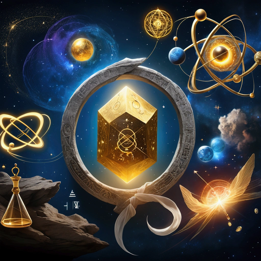 Create an illustration that combines elements of Alchemy and Modern Physics. In the center of the image, place a representation of the Philosopher’s Stone, with ancient alchemical symbols surrounding it, such as gold, mercury, and sulfur, as well as the Ouroboros symbol. In the background, integrate modern scientific elements, such as equations from Quantum Mechanics and General Relativity (e.g., Schrödinger’s equation and Einstein’s field equation). To the right of the Philosopher’s Stone, represent the search for the Theory of Everything, with illustrations of strings from String Theory or diagrams of subatomic particles. Use a mystical and scientific color palette, such as gold for alchemy and blue/gray for modern science, to create a visual fusion that symbolizes the union of these two fields of knowledge.