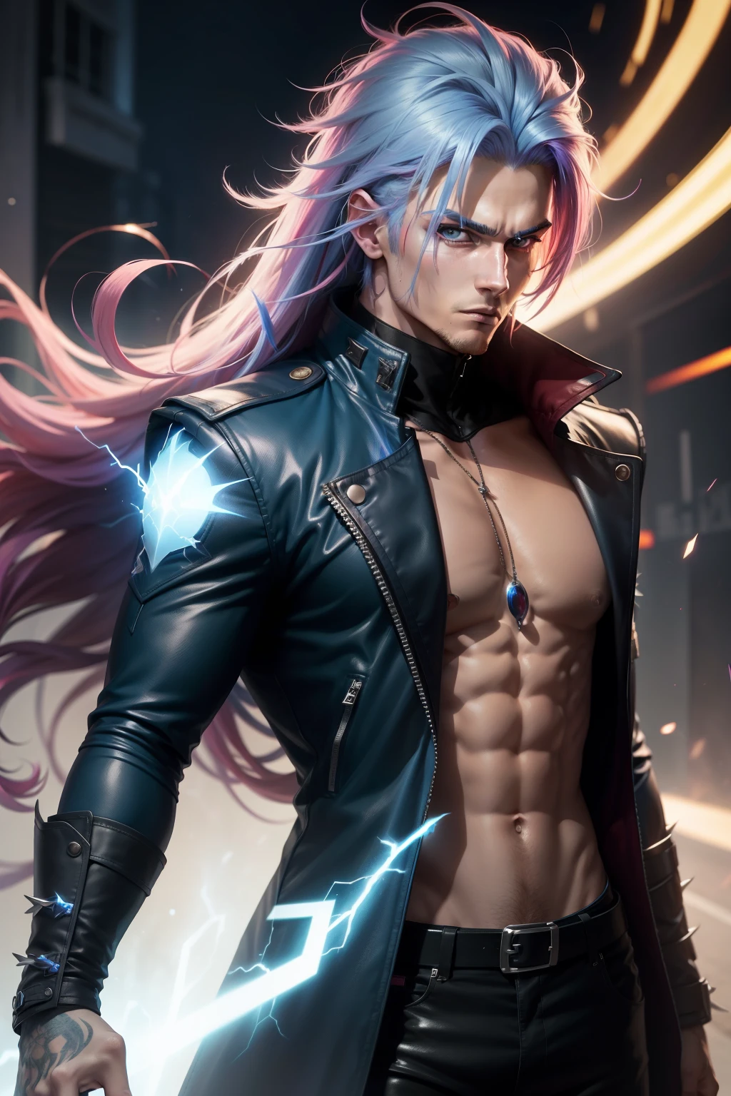 Male character with very long, slightly spiky rainbow hair, blue flashes of light from the eyes. He has a red jacket with pink details