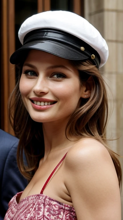 Laetitia Casta wearing good girl clothes with cap and smiling