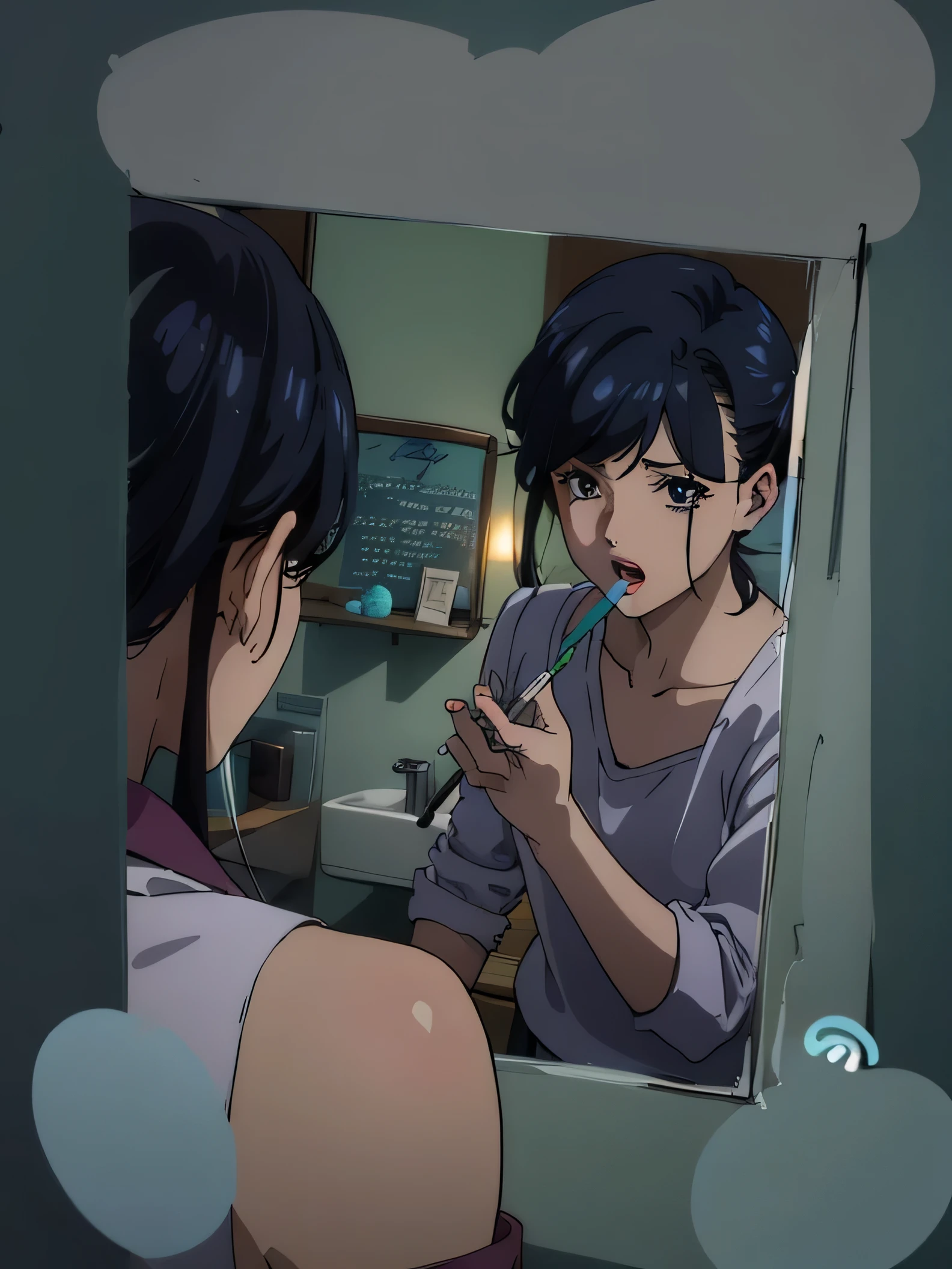 looking at viewer, toothbrush질, possession, toothbrush, restroom, mirror, sleepy, reflect,