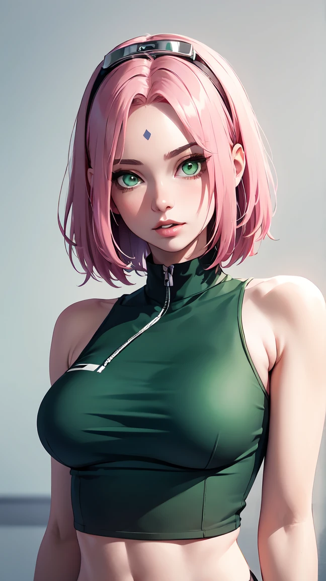 young woman, short shoulder length pink hair, wide forehead, Porcelain skin, pink eyebrows, Big emerald green eyes, buttoned nose, full lips, heart shaped face, Skinny body, small breasts, red tank top, Sakura Haruno , realist, Realism, Details, 3D, well detailed
