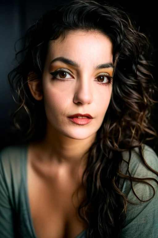 Beautiful young 22 yrs woman, (close-up, editorial photograph), [[wide angle photo]], (background inside dark, moody, private study:1.3), full body portrait, by lee jeffries, nikon d850, film stock photograph, 4 kodak portra 400, camera f1.6 lens, rich colors, hyper realistic, lifelike texture, dramatic lighting, cinestill 800, Messy Long wavy hair, Dark black hair, Dark Hazel eyes, Eye contact
