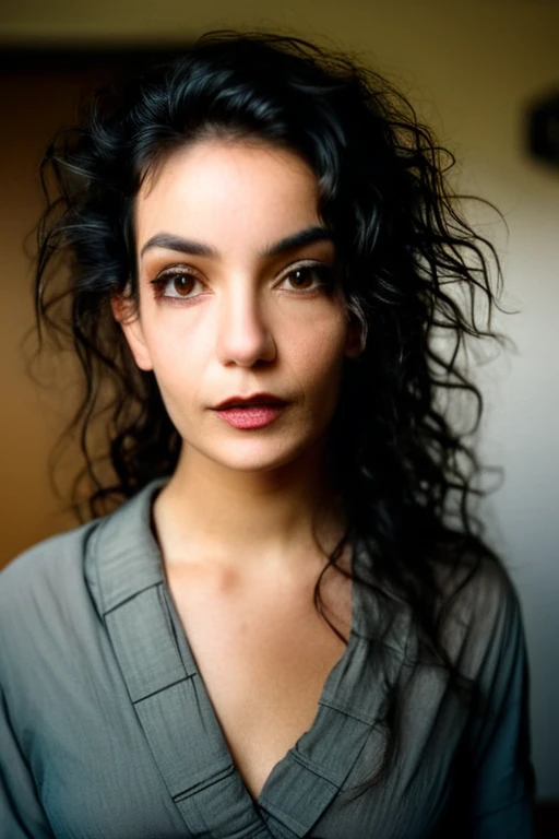 Beautiful young 22 yrs woman, (close-up, editorial photograph), [[wide angle photo]], (background inside dark, moody, private study:1.3), full body portrait, by lee jeffries, nikon d850, film stock photograph, 4 kodak portra 400, camera f1.6 lens, rich colors, hyper realistic, lifelike texture, dramatic lighting, cinestill 800, Messy Long wavy hair, Dark black hair, Dark Hazel eyes, Eye contact
