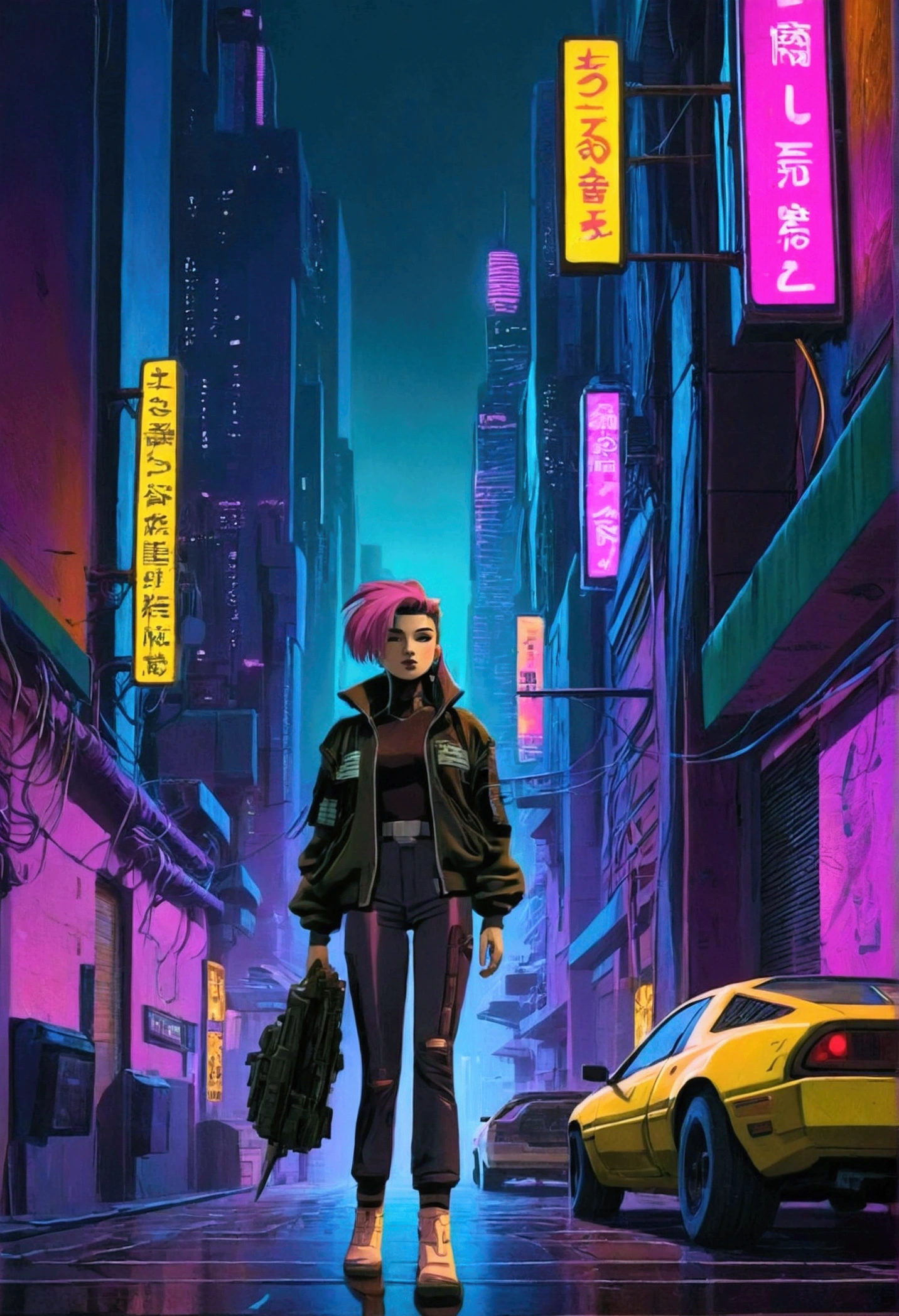 A LOFI STYLE GIRL IN A CYBERPUNK CITY  