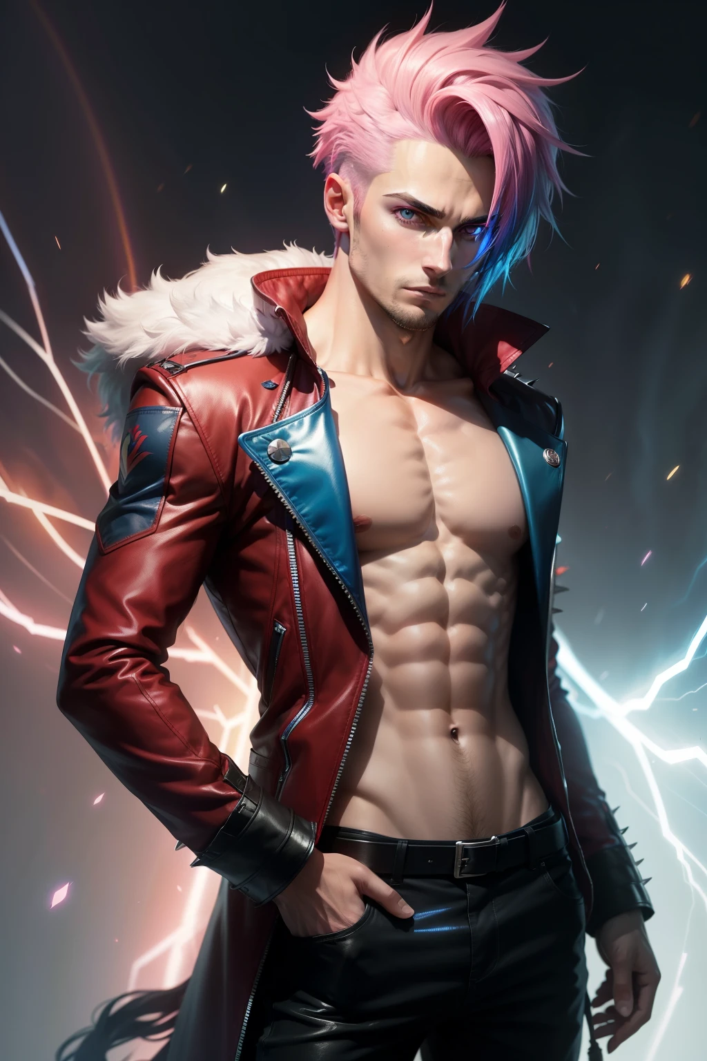 Male character with very long, slightly spiky rainbow hair, blue flashes of light from the eyes. He has a red jacket with pink details