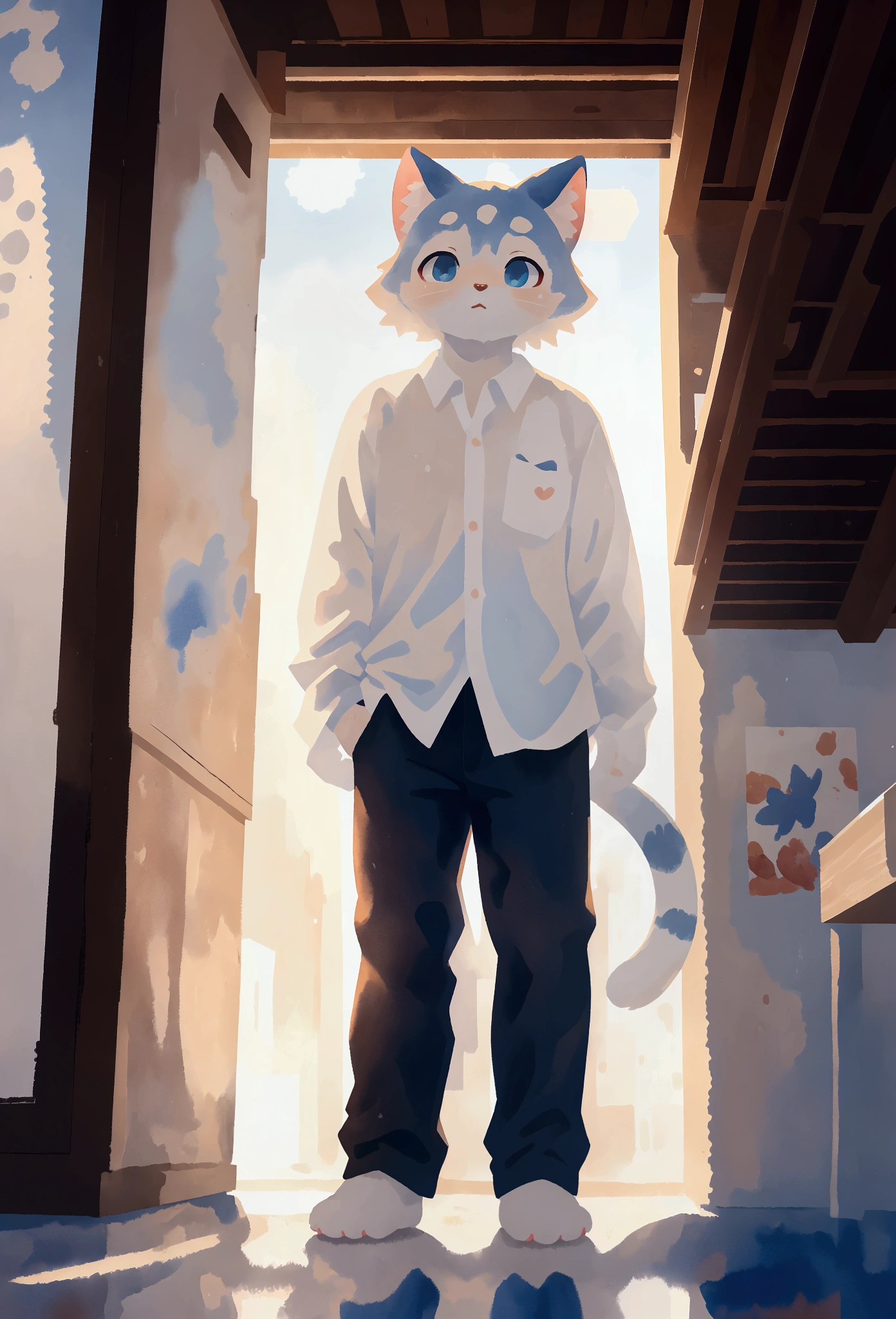 (kemono, white fur, white shirt, pants, cat ears, standing, blue eyes, watercolor, by Hasui Kawase, detailed background, detailed foreground, best quality, 4k, 8k, highres, masterpiece:1.2, ultra-detailed, realistic, photorealistic:1.37, HDR, UHD, studio lighting, ultra-fine painting, sharp focus, physically-based rendering, extreme detail description, professional, vivid colors, bokeh)