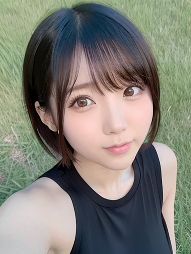 In the grass park、Arabian asian woman wearing black t-shirt,Medium Short Hair、Yoshitomo Nara, shikamimi, Chiho, mayuri shiina, sakimichan, For whom?, Chiho ashima, Girl cute beautiful face, [32k hd]^10, narumi kakinouchi