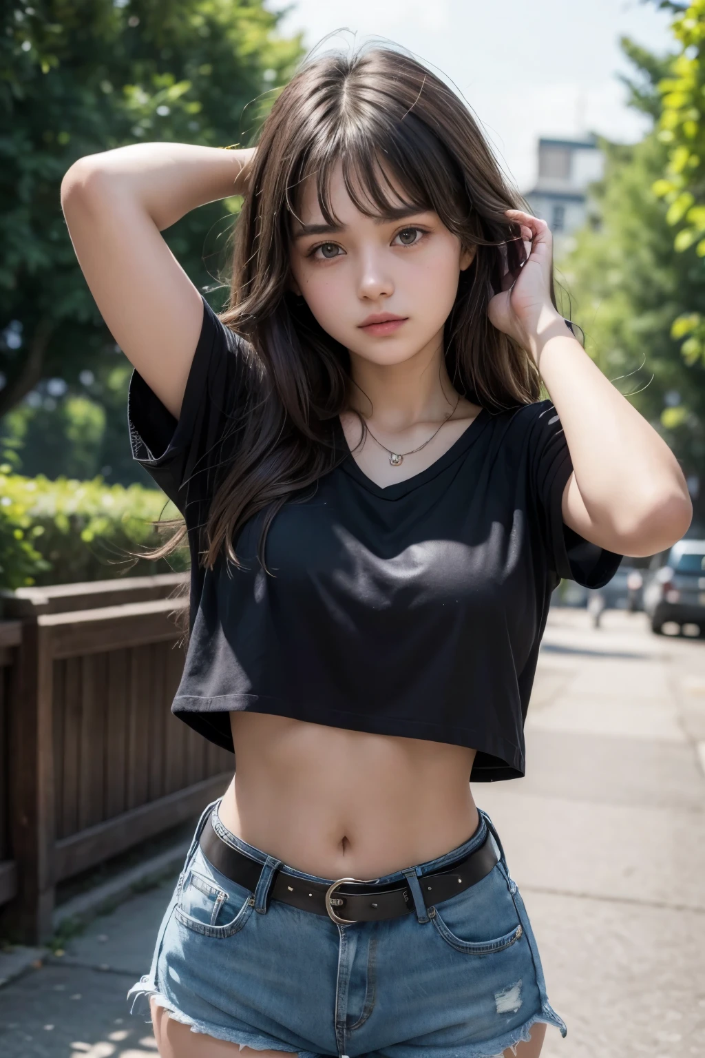 Beautiful 18-year-old brunette girl wearing a blouse with her hands on her head and wearing short, high-waisted denim shorts and a black belt showing her navel