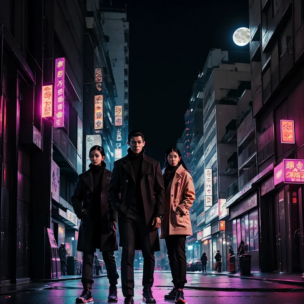 2people, man, woman, peach skin, black eyes, black hair, black overcoats, serious expressions, city, night time, buildings, moon, cyberpunk