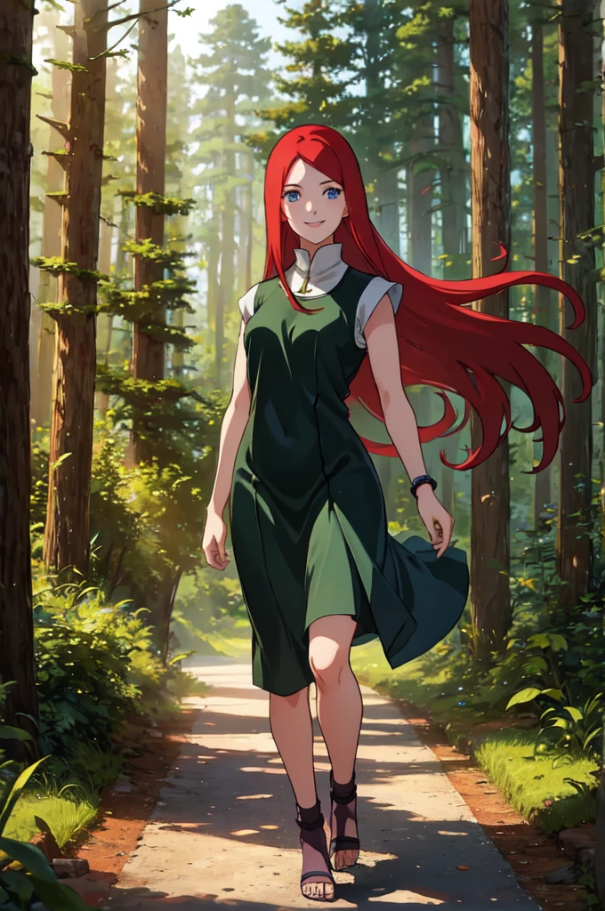 (masterpiece), kushina, 1girl, solo, long hair, looking at viewer, smile, blue eyes, forest background, shirt, background, dress, jewelry, very long hair, standing, full body, short sleeves, red hair,, sandals, green dress, toeless footwear 