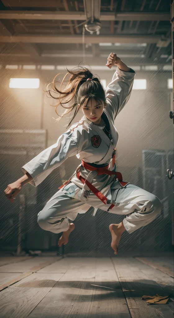 Women/The head has long, dynamic, spiky silver hair./Full body angle/The woman's hair color is silver/Wearing a karate uniform and no bra/Wearing thong underwear/Uniform for upper body only/Black belt/Female Fighter/It's necessary/Tortoise shell binding/Open the front a little