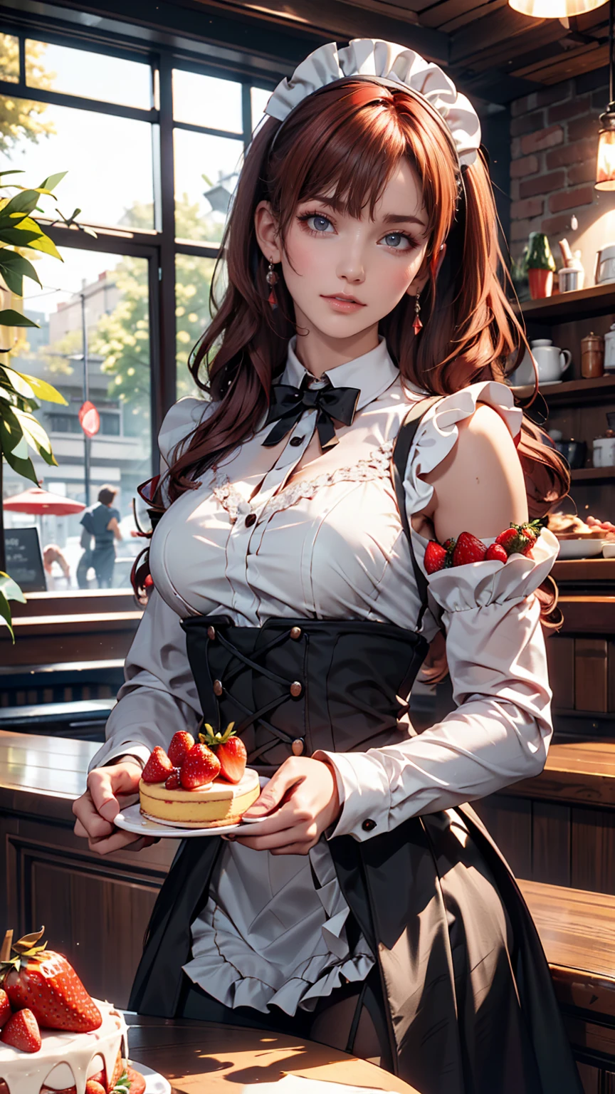 Promotional Photos, The location is a coffee shop, 1 girl, The face of a 16 year old, The waitress is bringing the cake to the table, Red hair twin tails, Kind Face, A strawberry-inspired half-gothic ta and half-maid costume, White-based clothing,