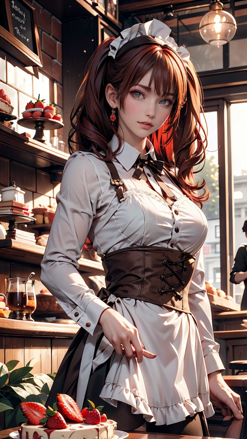 Promotional Photos, The location is a coffee shop, 1 girl, The face of a 16 year old, The waitress is bringing the cake to the table, Red hair twin tails, Kind Face, A strawberry-inspired half-gothic lolita and half-maid costume, White-based clothing,