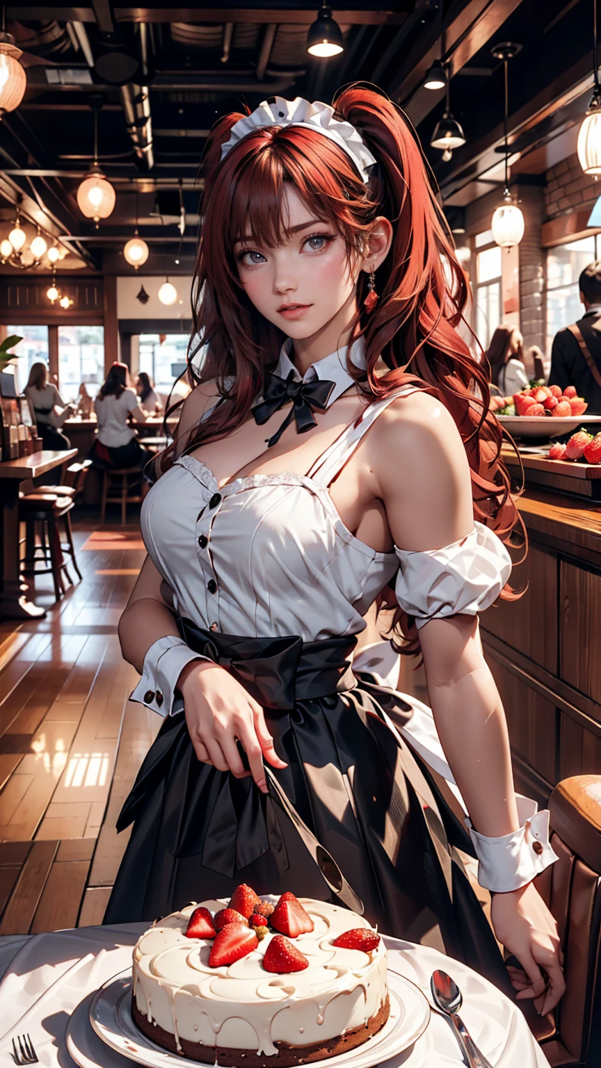 Promotional Photos, The location is a coffee shop, 1 girl, The face of a 16 year old, The waitress is bringing the cake to the table, Red hair twin tails, Kind Face, A strawberry-inspired half-gothic lolita and half-maid costume, White-based clothing,