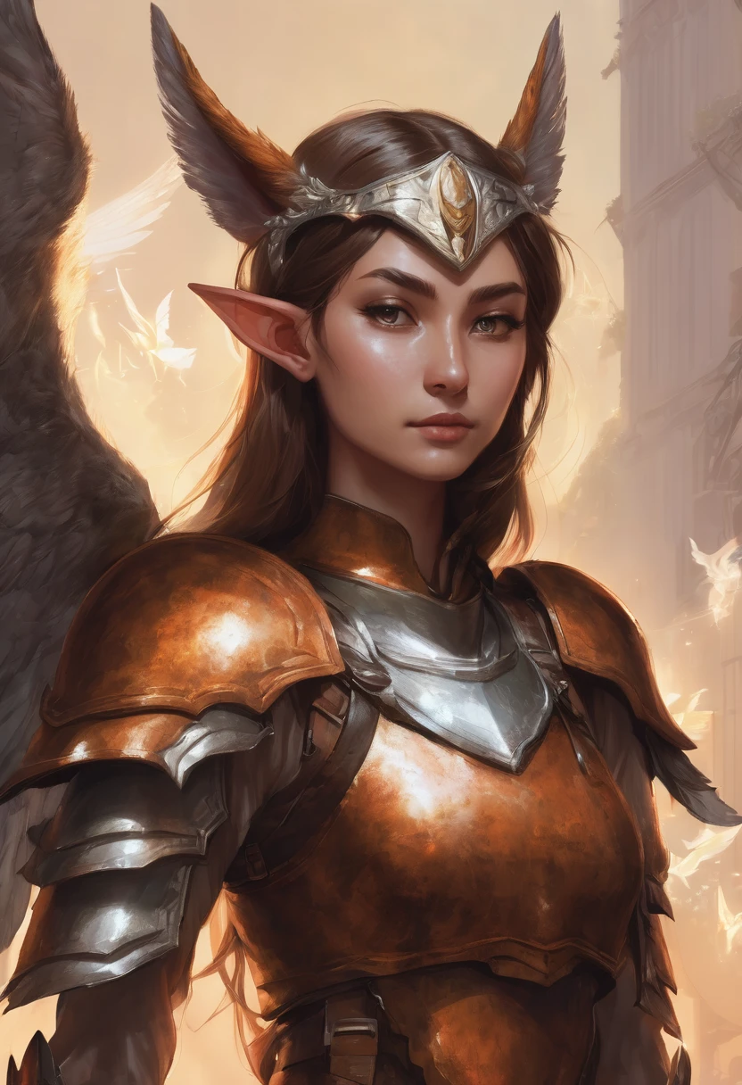 Elf woman with cat ears and angel wings wearing rusty armor