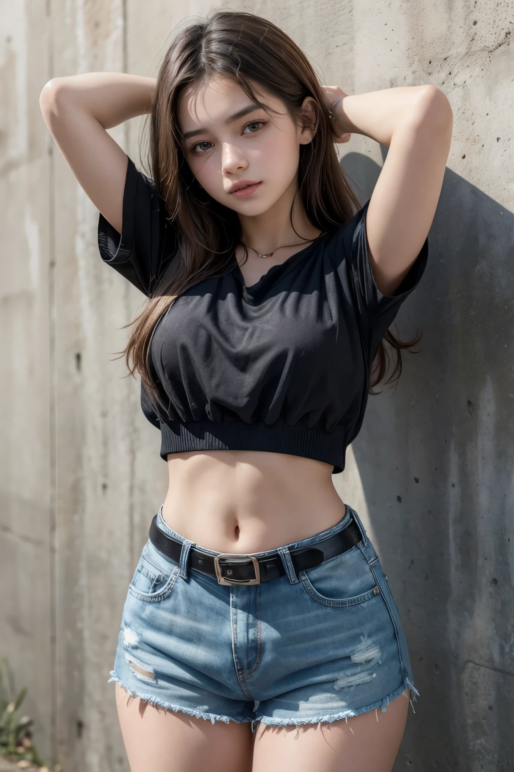Beautiful 20-year-old brunette girl wearing a sweatshirt and high-waisted jeans and wearing a black belt with her hand on her head showing her navel