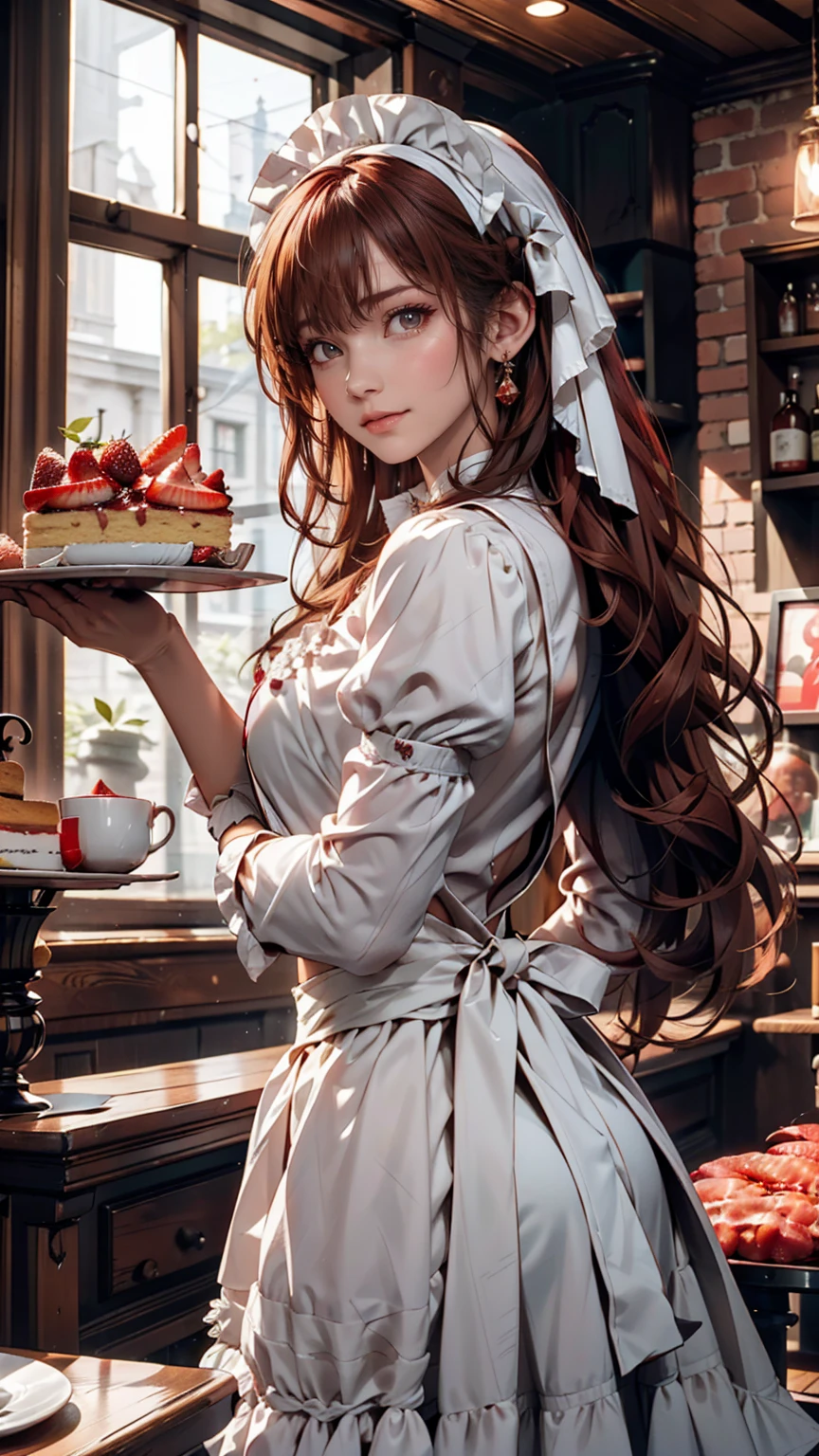Promotional Photos, The location is a coffee shop, 1 girl, The face of a 16 year old, The waitress is bringing the cake to the table, Red hair twin tails, Kind Face, A strawberry-inspired half-gothic ta and half-maid costume, White-based clothing,