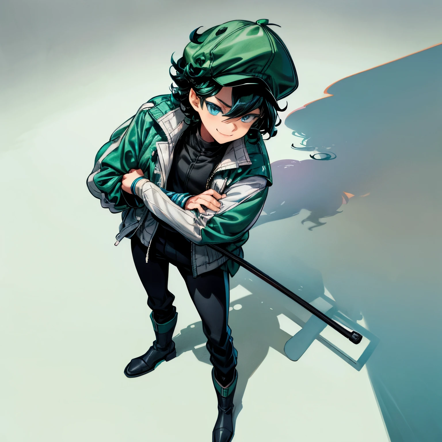 Solo character, full body version, man, tall height, blue eyes, green half black color hair, short Curly haircut, casual outfit, black pants, boots, white background, detailed shadow, standing gesture, sad eyes, smile mouth, baseball cap