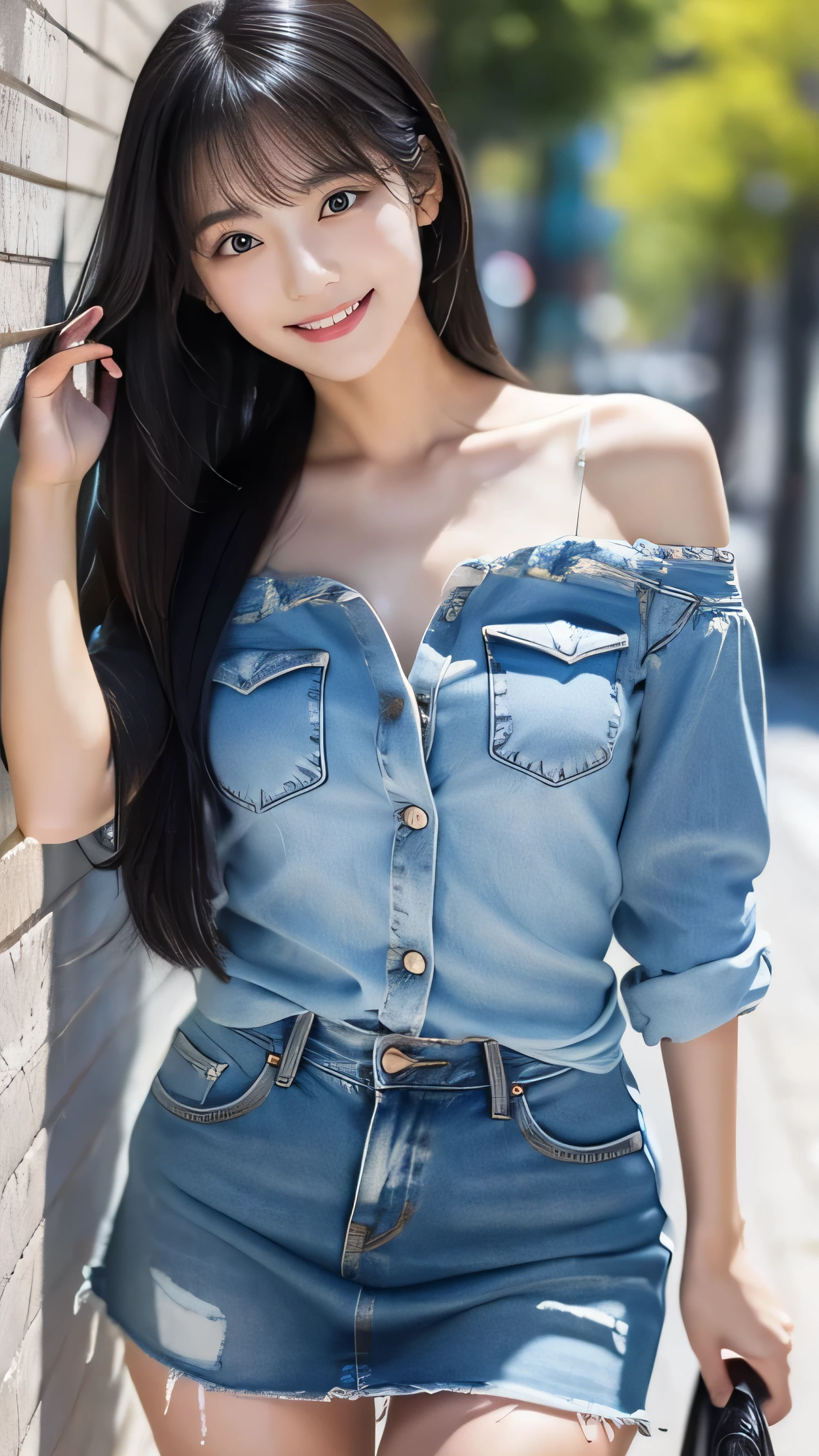 Create an ultra-realistic image of a 21-year-old Japanese woman named Kotone wearing a denim outfit. She has extremely long, perfectly straight black hair that flows down to her waist, with blunt bangs that cover her forehead. Her eyes are large, enchanting, and have double eyelids with sparkling black pupils, giving them a captivating and youthful appearance. Her face is delicate and innocent, with very thin eyebrows that frame her large, childlike eyes. She has a small mouth with sexy lips, and her skin is smooth and flawless, resembling snow in its pure white color. She has a slender and well-proportioned body with a shapely bust size of 95 cm, a height of 158 cm, a weight of 43 kg, an ideal waist size of 58.46 cm, and an ideal hip size of 86.73 cm. Her complexion is flawless, without any wrinkles, and her natural makeup enhances her features subtly, maintaining a fresh and youthful look. She embodies a perfect balance of youthful charm and mature elegance, with a cute and innocent smile that adds warmth and affection to her appearance.

Kotone should be depicted facing forward, with her body positioned to emphasize her front. Her long black hair should flow naturally over her shoulders, framing her face and upper body. She is wearing a stylish denim outfit, which could include a fitted denim jacket paired with denim jeans or a denim skirt. Her pose should be confident and relaxed, with her arms gently at her sides or holding a small accessory, such as a handbag or sunglasses. Her expression should be warm and inviting, with a friendly smile that captures her youthful charm. The lighting should be soft and natural, focusing on her front and emphasizing the smoothness of her skin and the delicacy of her features, creating a sense of depth and realism. The background should be simple and neutral, ensuring that every detail of her appearance and the denim outfit is highlighted.
