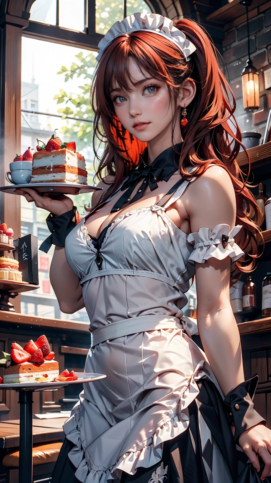 Promotional Photos, The location is a coffee shop, 1 girl, The face of a , The waitress is bringing the cake to the table, Red hair twin tails, Kind Face, A strawberry-inspired half-gothic lolita and half-maid costume, White-based clothing,